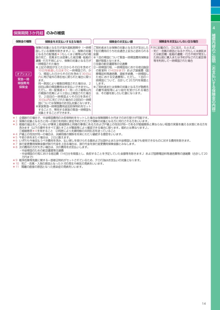 Japanese insurance payout table showing four columns: types of coverage, payment conditions, payment amounts, and exceptions; pink left column and teal side labels are visible.