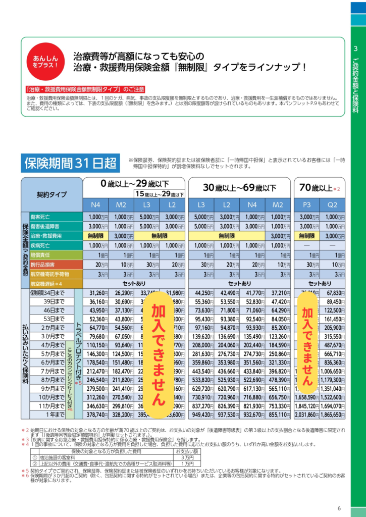 Japanese insurance premium table comparing plan types and amounts across age groups, with blue-column headers and yellow banners indicating add‑ons/limits.
